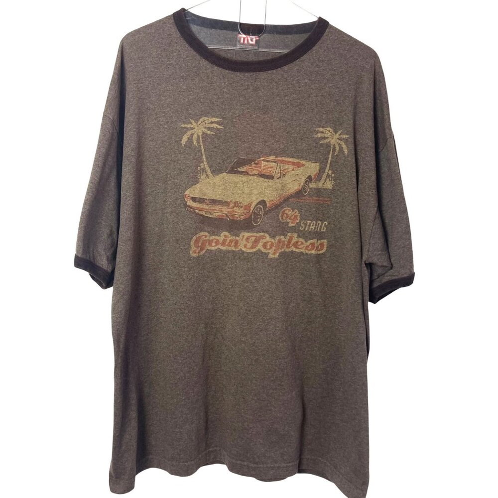 Vintage 64 Mustang Goin Topless T Shirt 2XL Brown Ringer By TNT Cars 90s Grunge